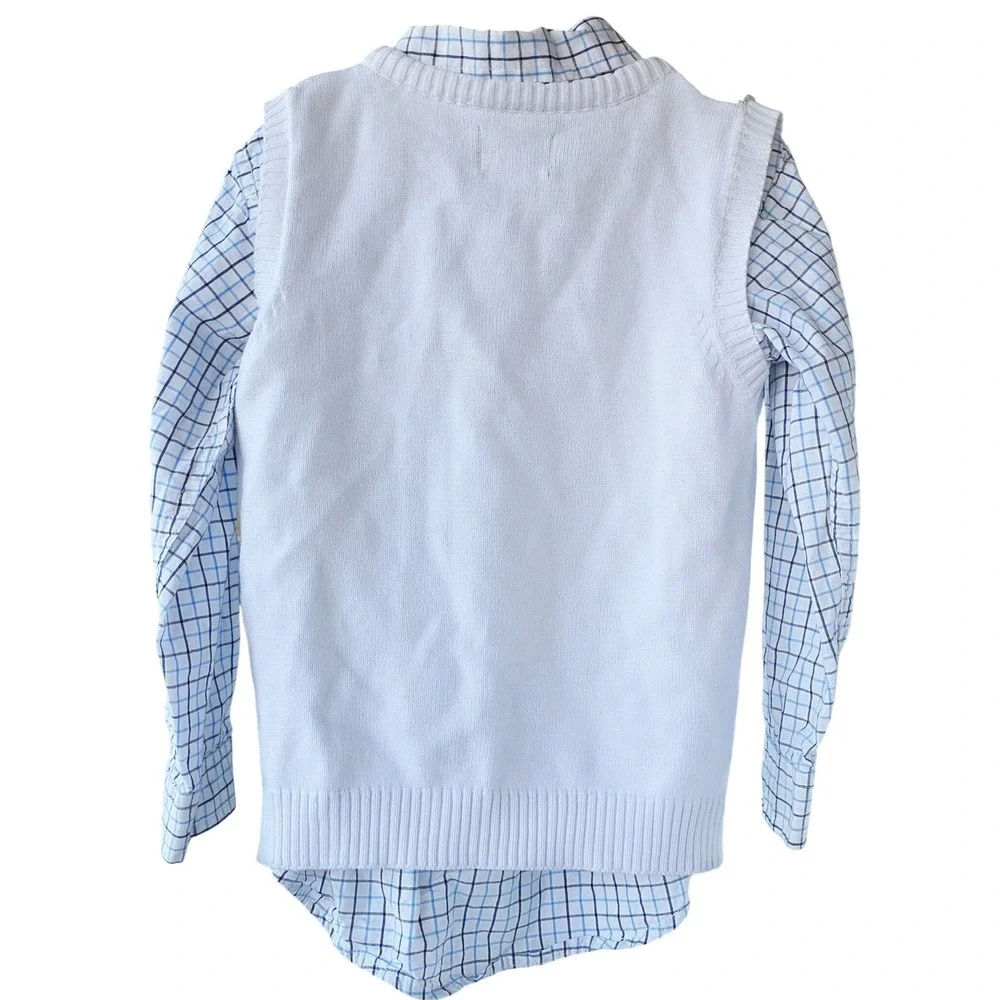 The Childrens Place‎ Boys 4T Argyle Sweater Vest and Plaid Shirt 2pc White Blue - Picture 2 of 6